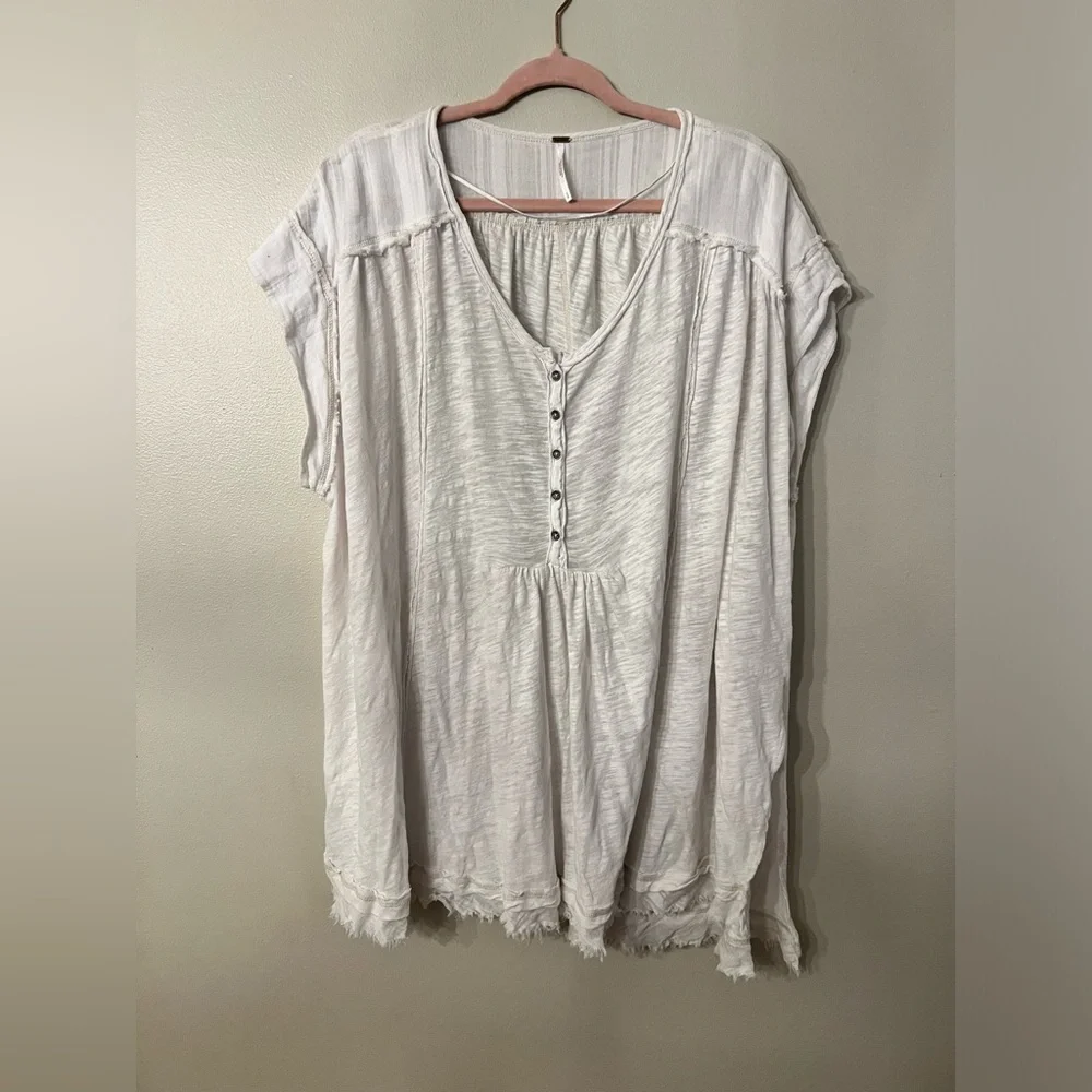 Free People White Short Sleeve Henley Top